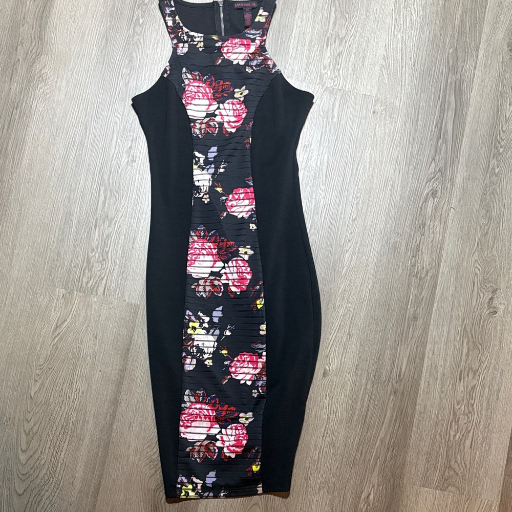 Floral Panel Black Bodycon Dress - Unbranded